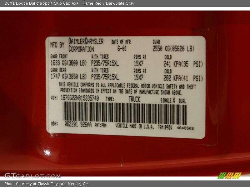 Flame Red / Dark Slate Gray 2001 Dodge Dakota Sport Club Cab 4x4