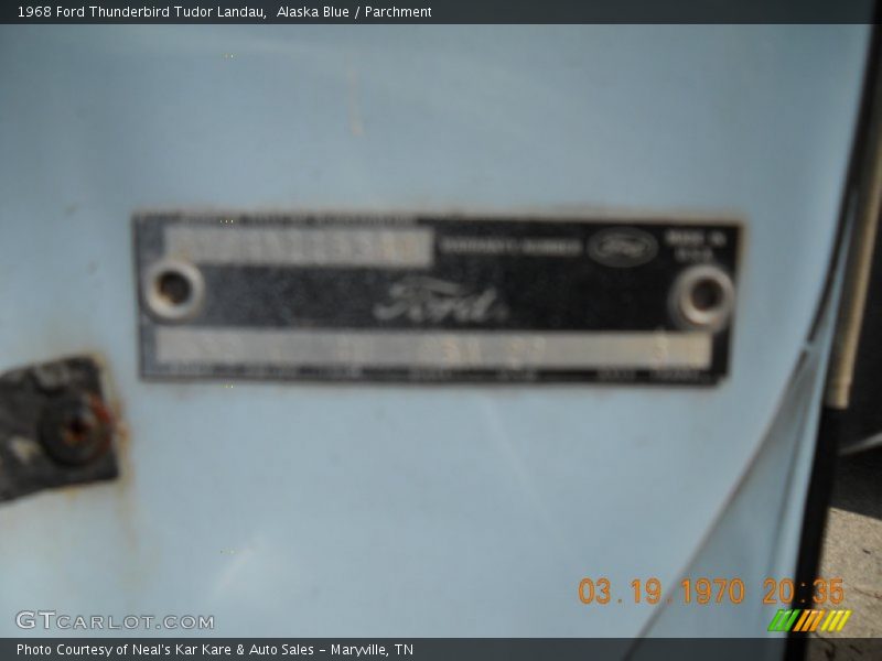 Info Tag of 1968 Thunderbird Tudor Landau
