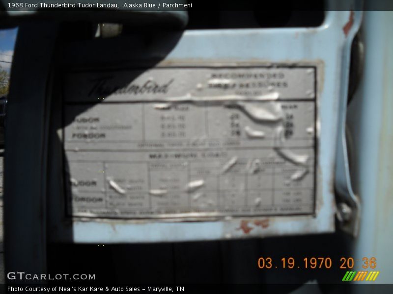 Info Tag of 1968 Thunderbird Tudor Landau