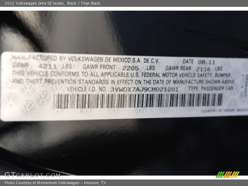 Black / Titan Black 2012 Volkswagen Jetta SE Sedan