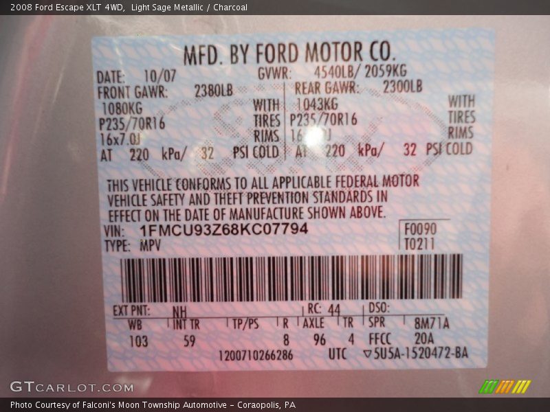 Light Sage Metallic / Charcoal 2008 Ford Escape XLT 4WD