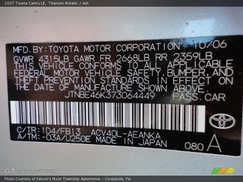 Titanium Metallic / Ash 2007 Toyota Camry LE