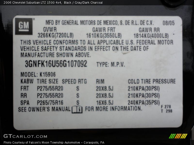 Info Tag of 2006 Suburban LTZ 1500 4x4