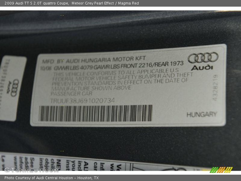 Info Tag of 2009 TT S 2.0T quattro Coupe