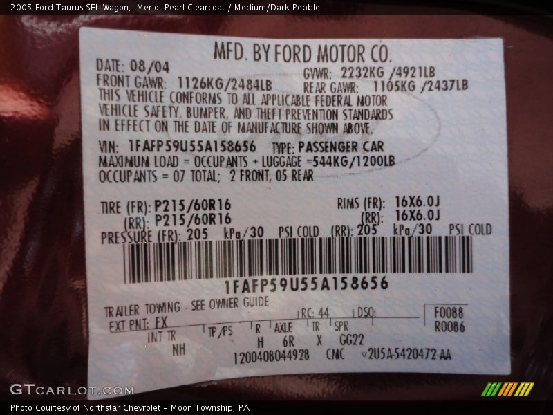 2005 Taurus SEL Wagon Merlot Pearl Clearcoat Color Code FX