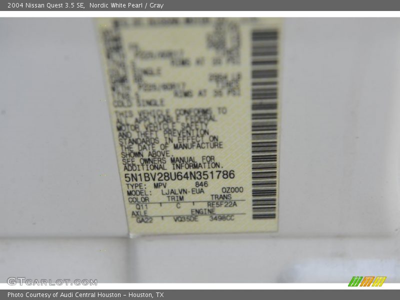 Nordic White Pearl / Gray 2004 Nissan Quest 3.5 SE