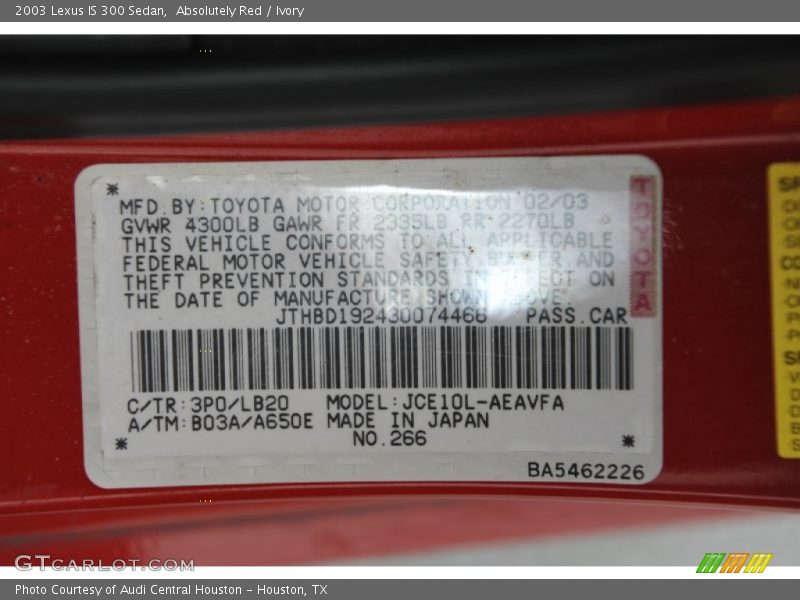 2003 IS 300 Sedan Absolutely Red Color Code 3P0