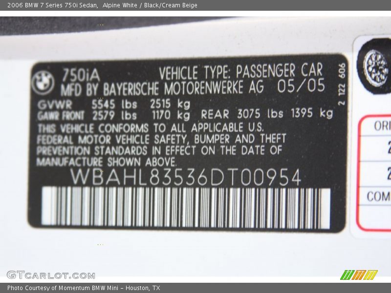 Alpine White / Black/Cream Beige 2006 BMW 7 Series 750i Sedan