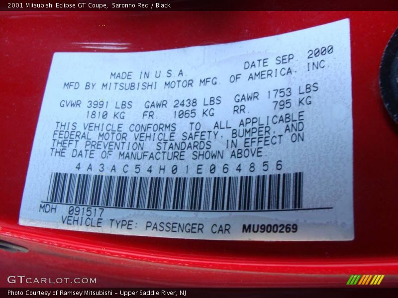 Saronno Red / Black 2001 Mitsubishi Eclipse GT Coupe