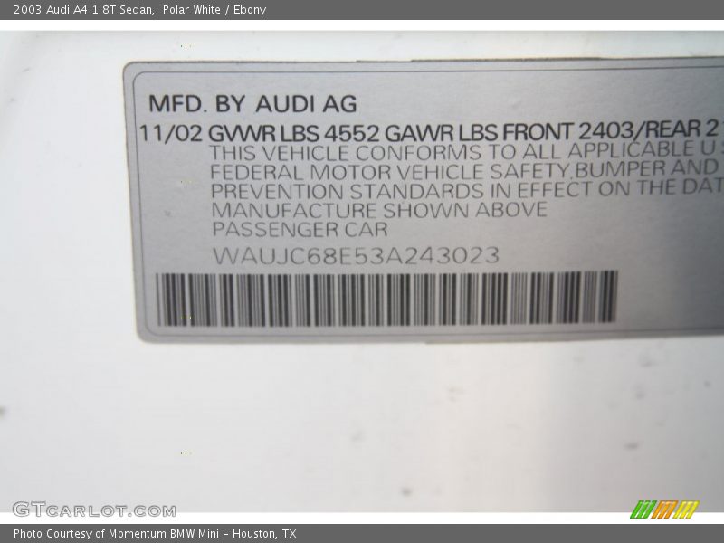 Polar White / Ebony 2003 Audi A4 1.8T Sedan