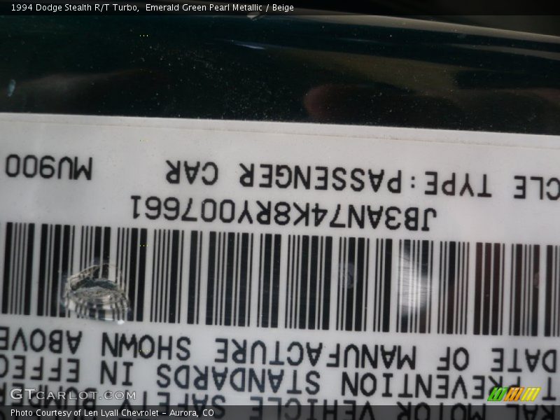 Info Tag of 1994 Stealth R/T Turbo
