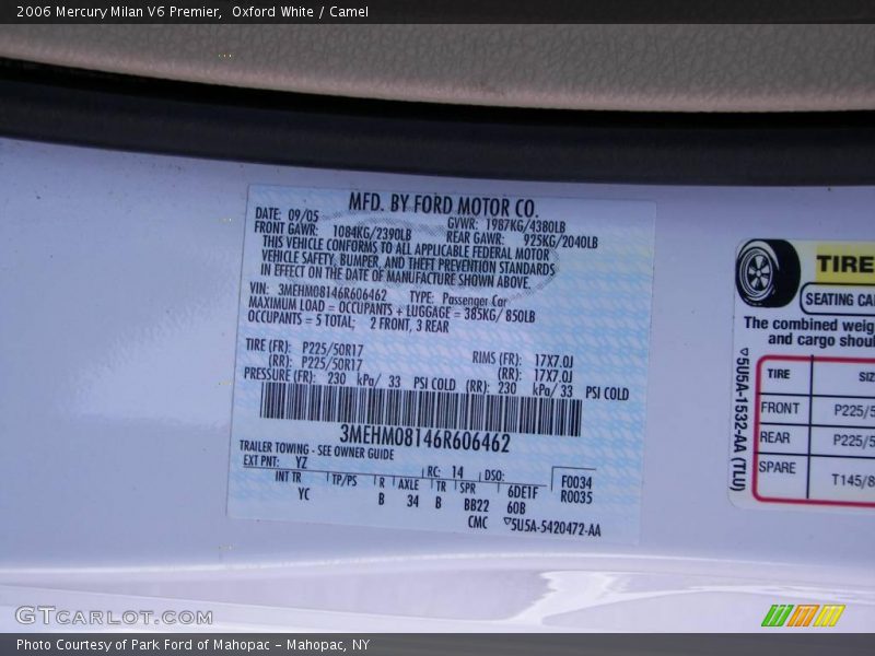 Oxford White / Camel 2006 Mercury Milan V6 Premier