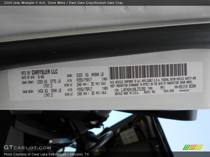 Stone White / Dark Slate Gray/Medium Slate Gray 2009 Jeep Wrangler X 4x4