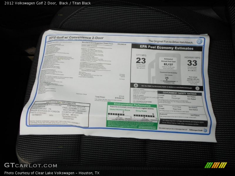  2012 Golf 2 Door Window Sticker