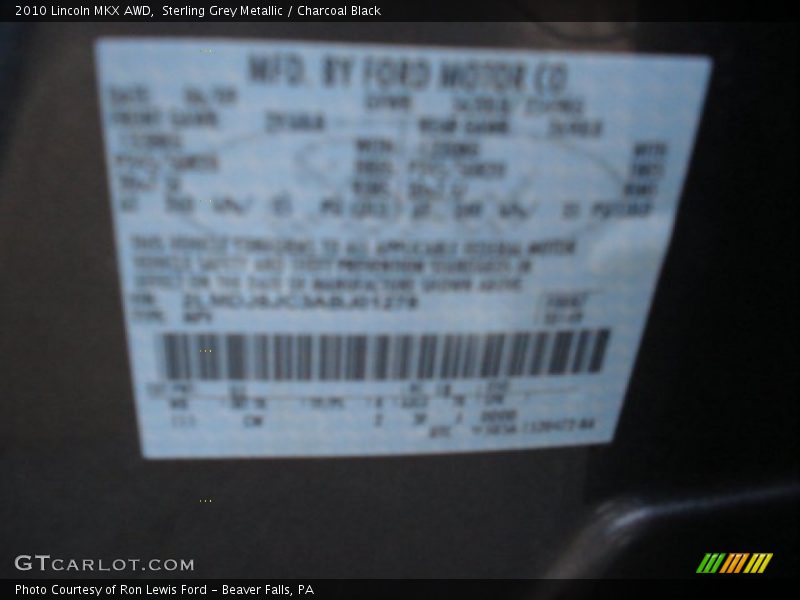Sterling Grey Metallic / Charcoal Black 2010 Lincoln MKX AWD