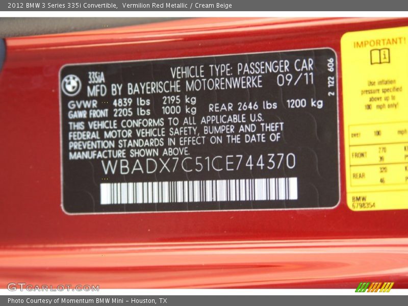 Vermilion Red Metallic / Cream Beige 2012 BMW 3 Series 335i Convertible