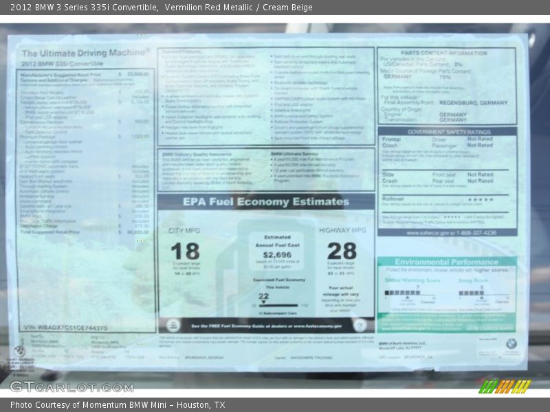  2012 3 Series 335i Convertible Window Sticker