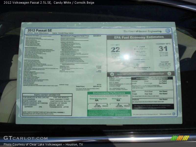  2012 Passat 2.5L SE Window Sticker