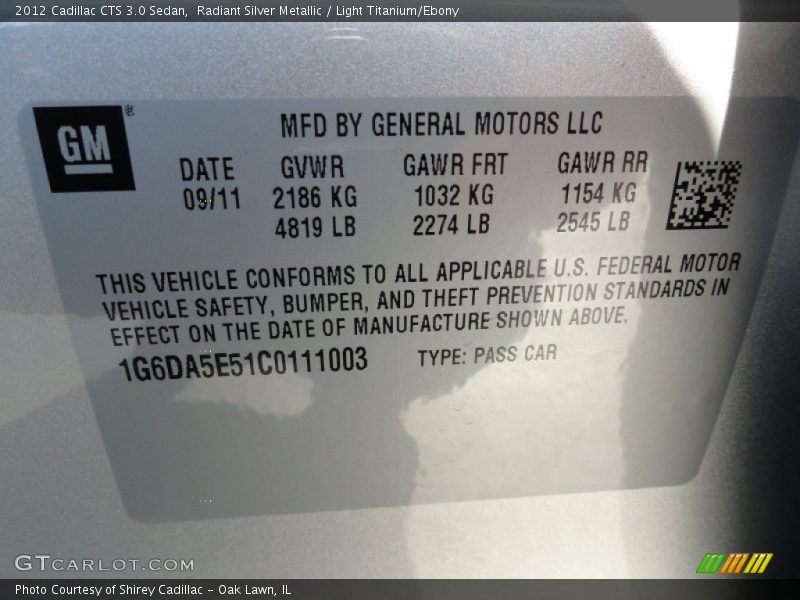 Radiant Silver Metallic / Light Titanium/Ebony 2012 Cadillac CTS 3.0 Sedan