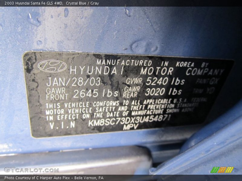 Info Tag of 2003 Santa Fe GLS 4WD