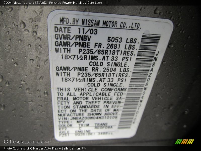 Polished Pewter Metallic / Cafe Latte 2004 Nissan Murano SE AWD