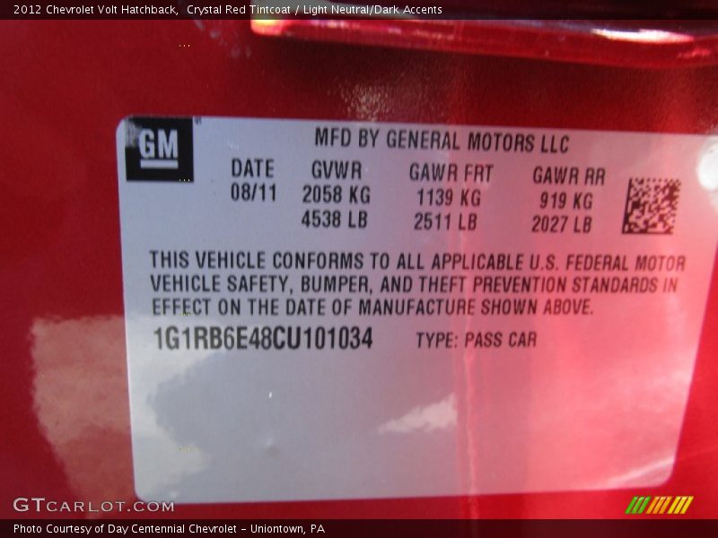 Crystal Red Tintcoat / Light Neutral/Dark Accents 2012 Chevrolet Volt Hatchback