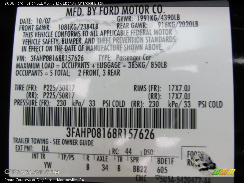 Black Ebony / Charcoal Black 2008 Ford Fusion SEL V6