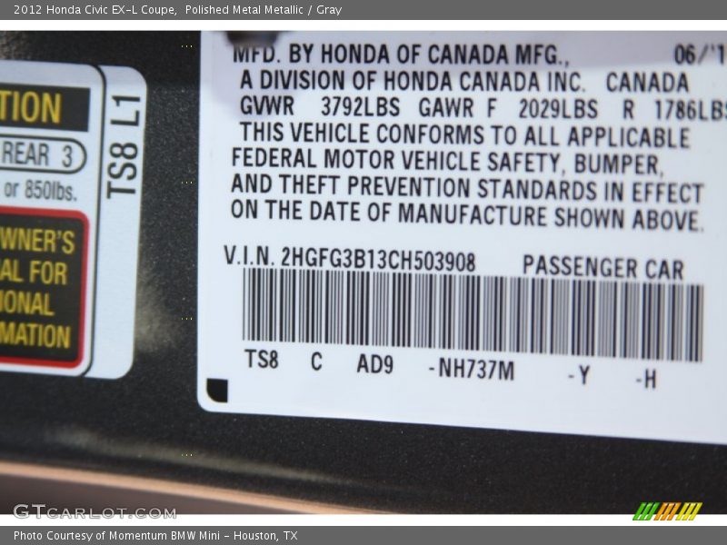 2012 Civic EX-L Coupe Polished Metal Metallic Color Code NH737M