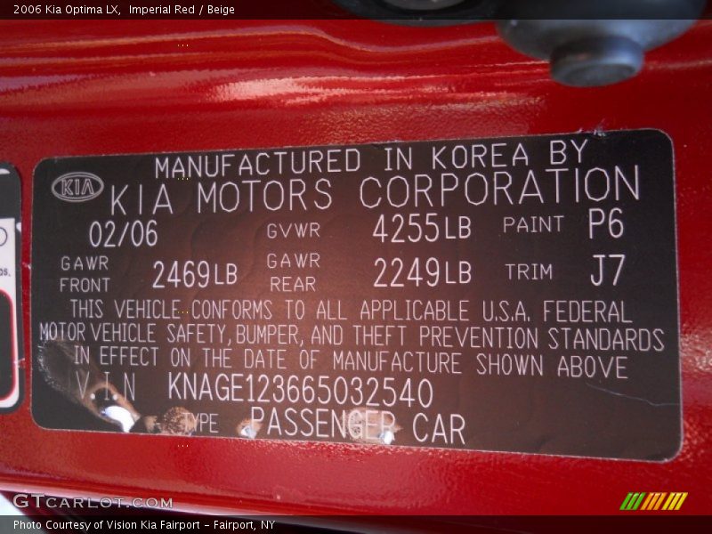 2006 Optima LX Imperial Red Color Code P6