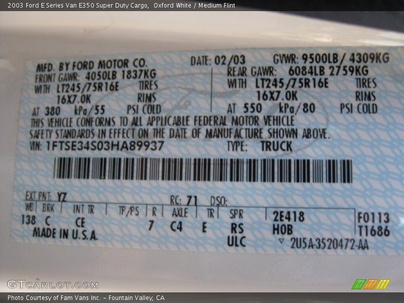 2003 E Series Van E350 Super Duty Cargo Oxford White Color Code YZ