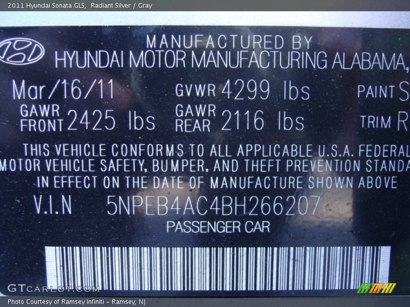 Radiant Silver / Gray 2011 Hyundai Sonata GLS