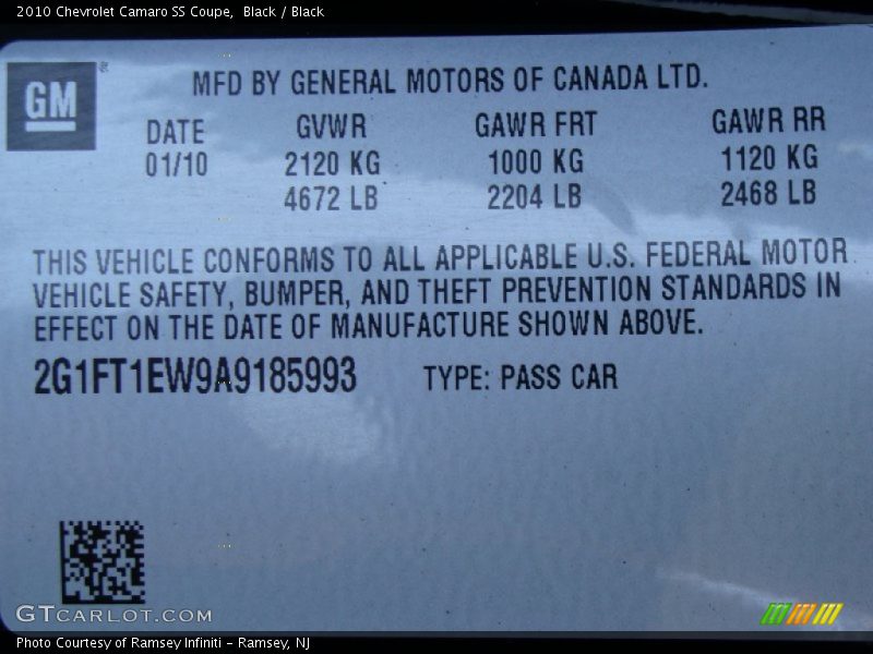 Info Tag of 2010 Camaro SS Coupe