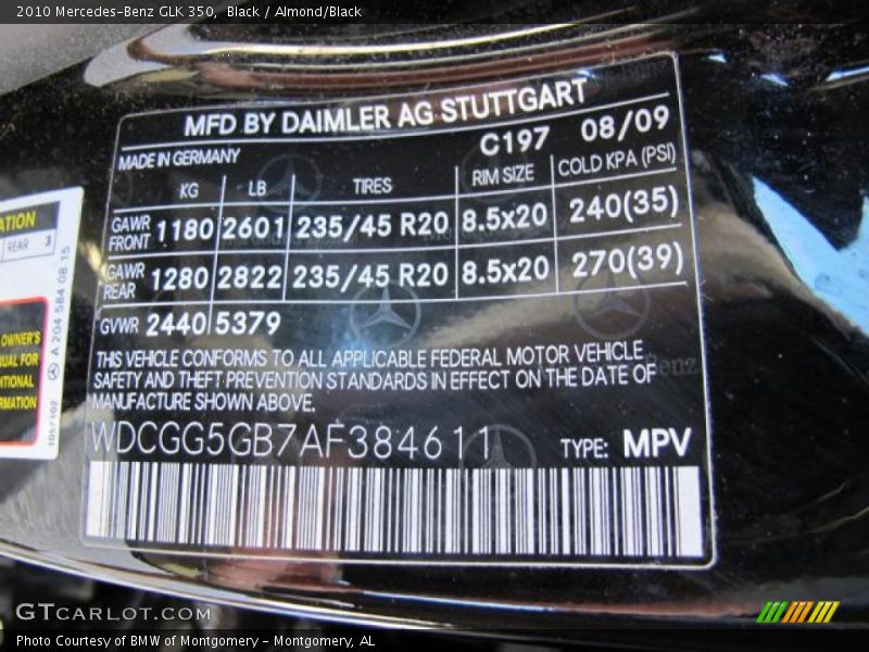 Black / Almond/Black 2010 Mercedes-Benz GLK 350