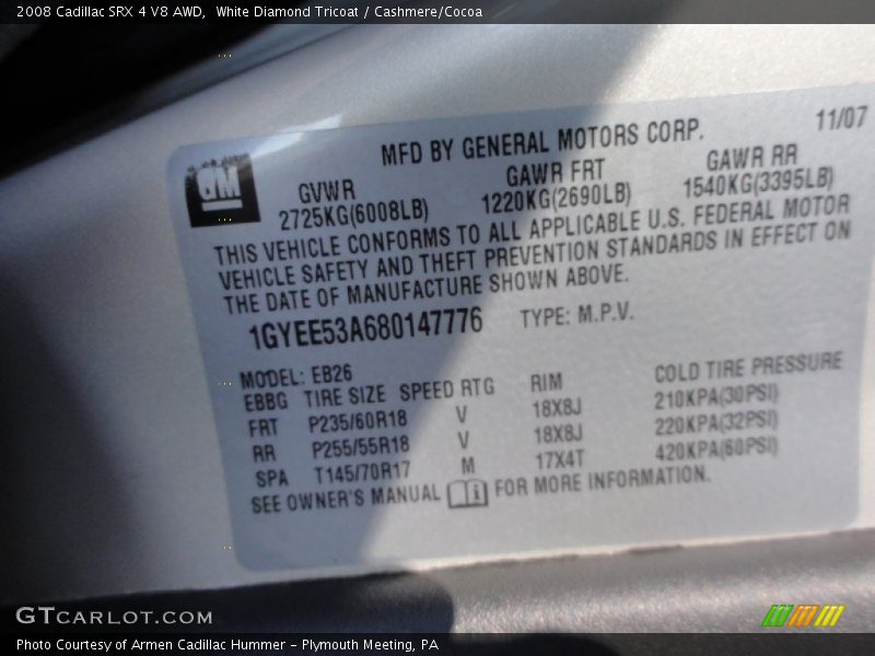 White Diamond Tricoat / Cashmere/Cocoa 2008 Cadillac SRX 4 V8 AWD
