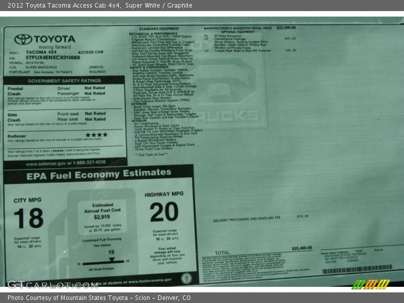  2012 Tacoma Access Cab 4x4 Window Sticker