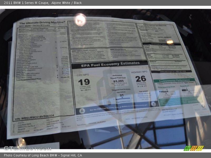  2011 1 Series M Coupe Window Sticker