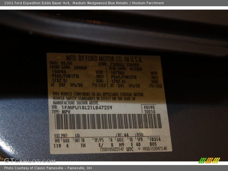 2001 Expedition Eddie Bauer 4x4 Medium Wedgewood Blue Metallic Color Code LD