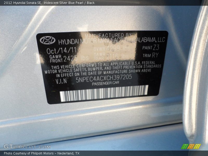 Iridescent Silver Blue Pearl / Black 2012 Hyundai Sonata SE