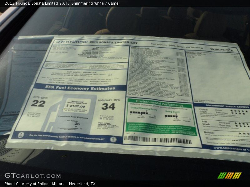  2012 Sonata Limited 2.0T Window Sticker
