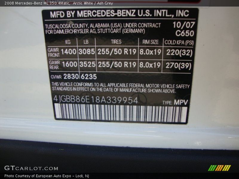 Arctic White / Ash Grey 2008 Mercedes-Benz ML 350 4Matic
