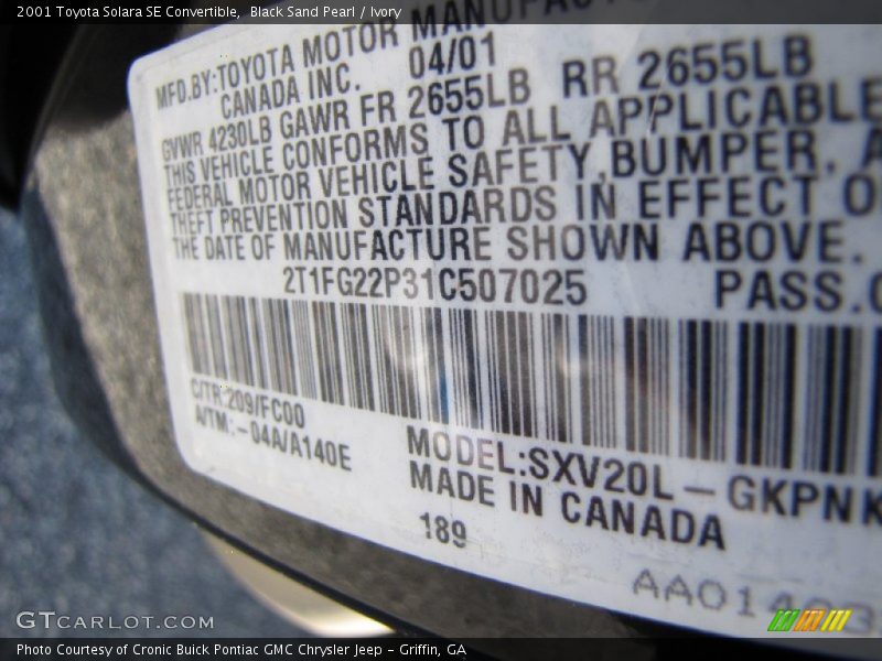 Black Sand Pearl / Ivory 2001 Toyota Solara SE Convertible