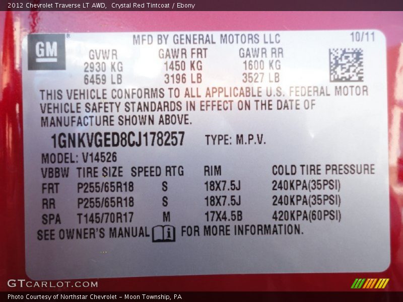 Crystal Red Tintcoat / Ebony 2012 Chevrolet Traverse LT AWD