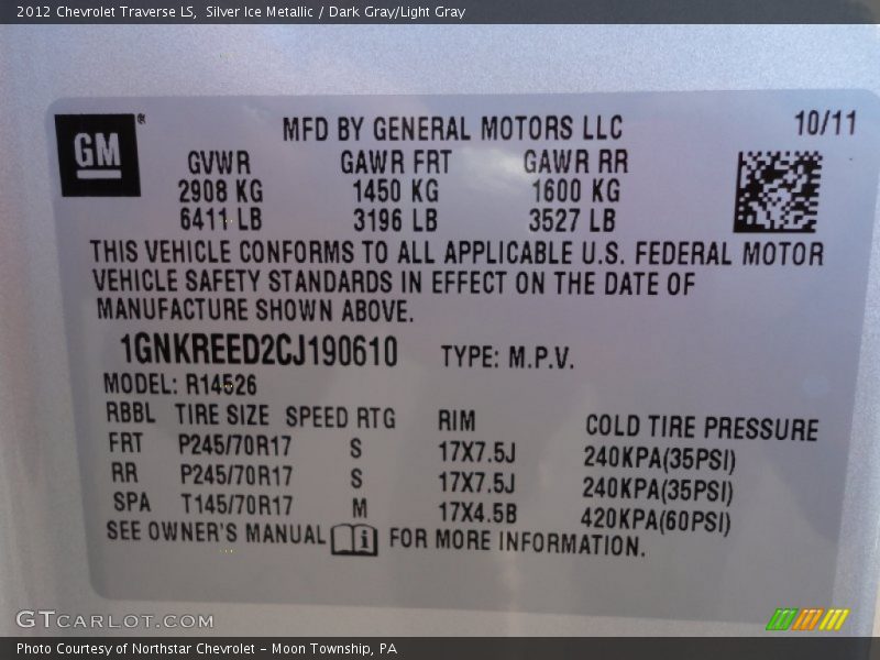 Silver Ice Metallic / Dark Gray/Light Gray 2012 Chevrolet Traverse LS