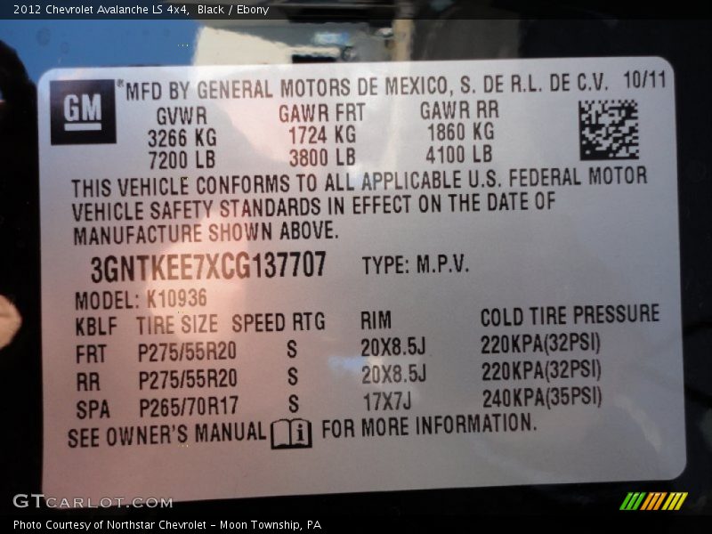 Black / Ebony 2012 Chevrolet Avalanche LS 4x4