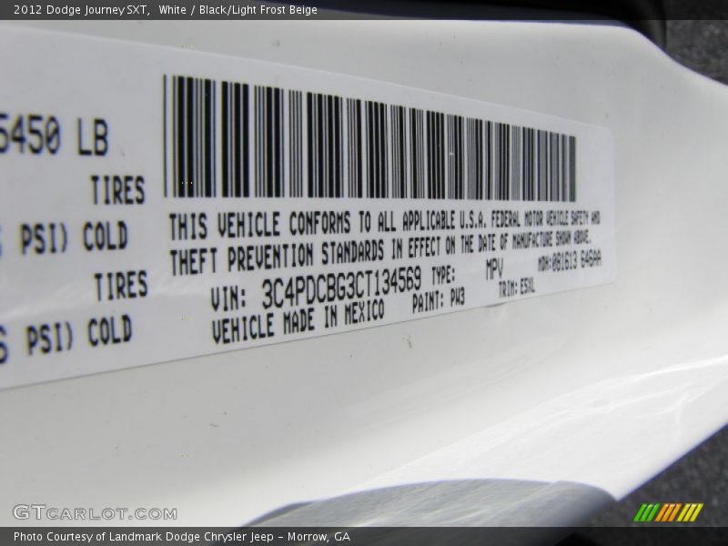 White / Black/Light Frost Beige 2012 Dodge Journey SXT