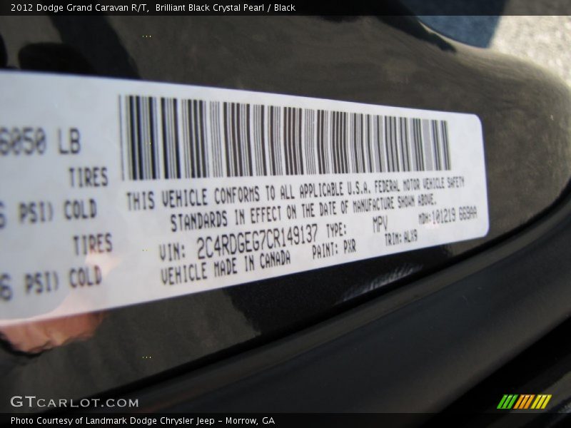 Brilliant Black Crystal Pearl / Black 2012 Dodge Grand Caravan R/T