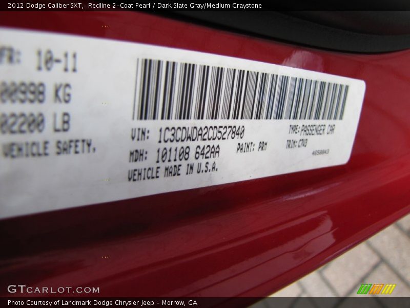 2012 Caliber SXT Redline 2-Coat Pearl Color Code PRM
