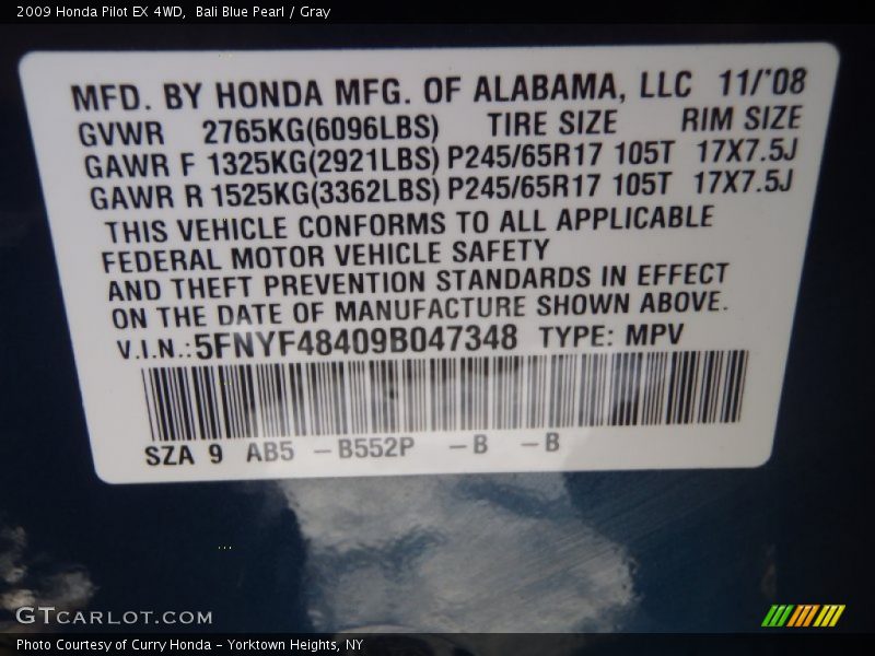 Bali Blue Pearl / Gray 2009 Honda Pilot EX 4WD