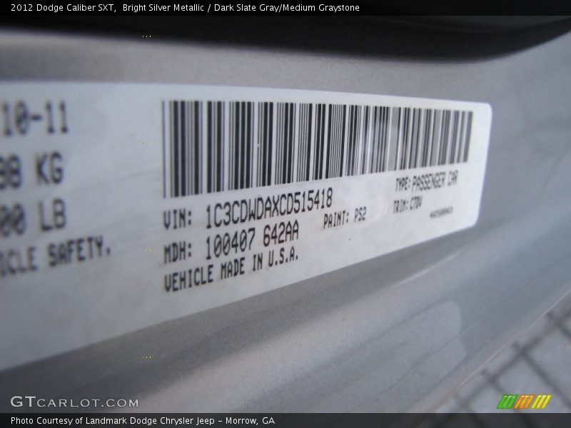 2012 Caliber SXT Bright Silver Metallic Color Code PS2