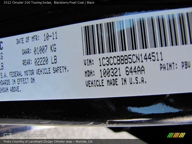 Blackberry Pearl Coat / Black 2012 Chrysler 200 Touring Sedan